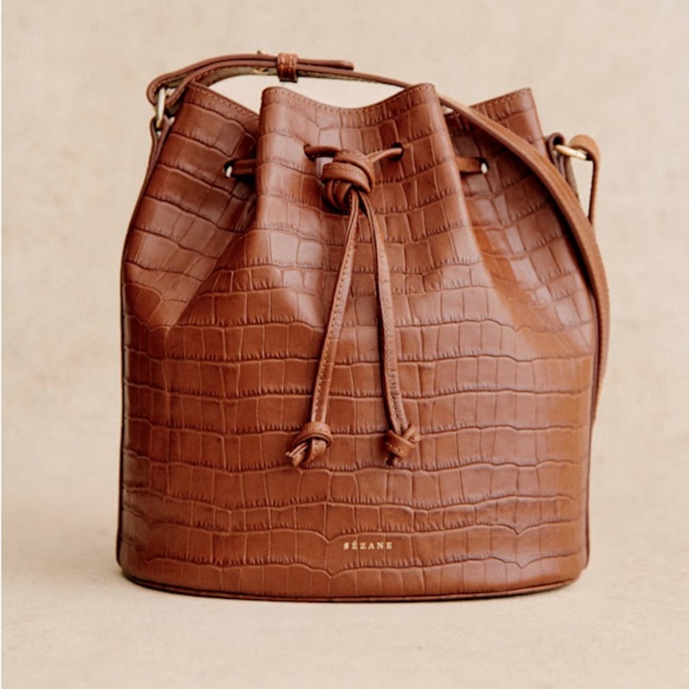 Sezane Brown Croc-Embossed Bucket Bag